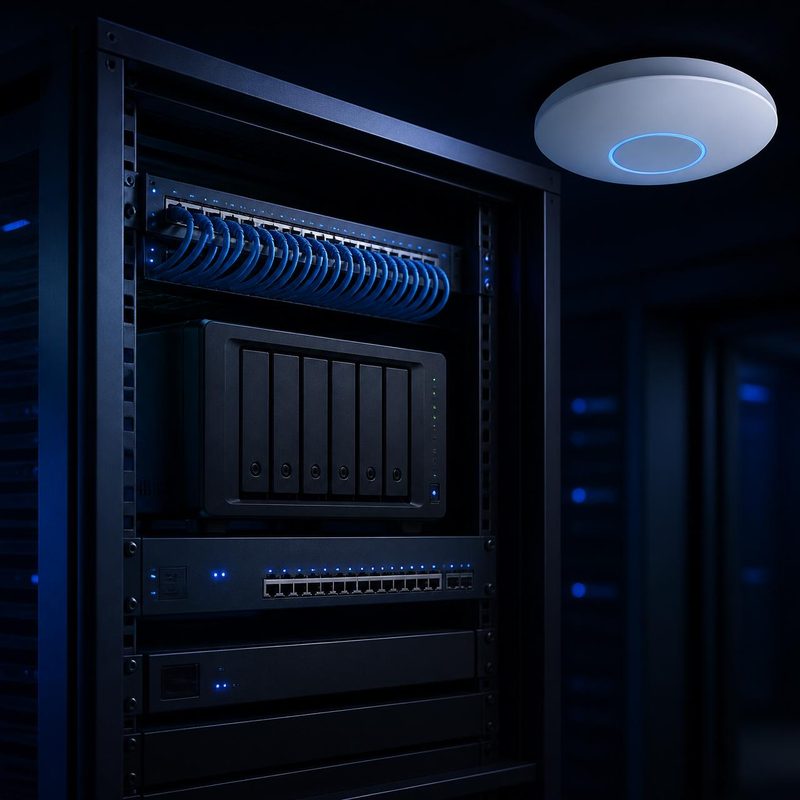Baie informatique professionnelle avec NAS Synology, switch administrable et borne Wi-Fi