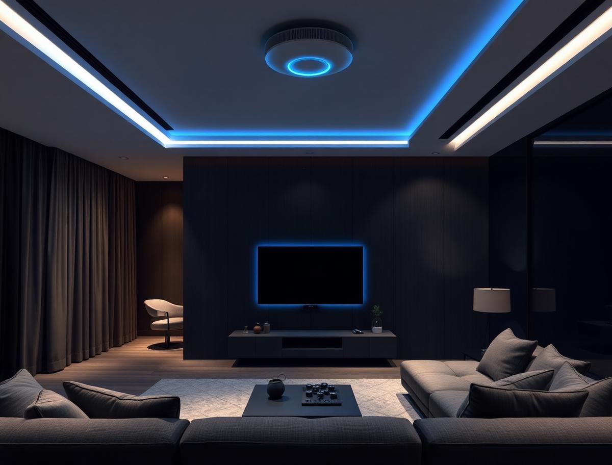 Salon d’une maison connectée haut de gamme avec éclairage bleu discret