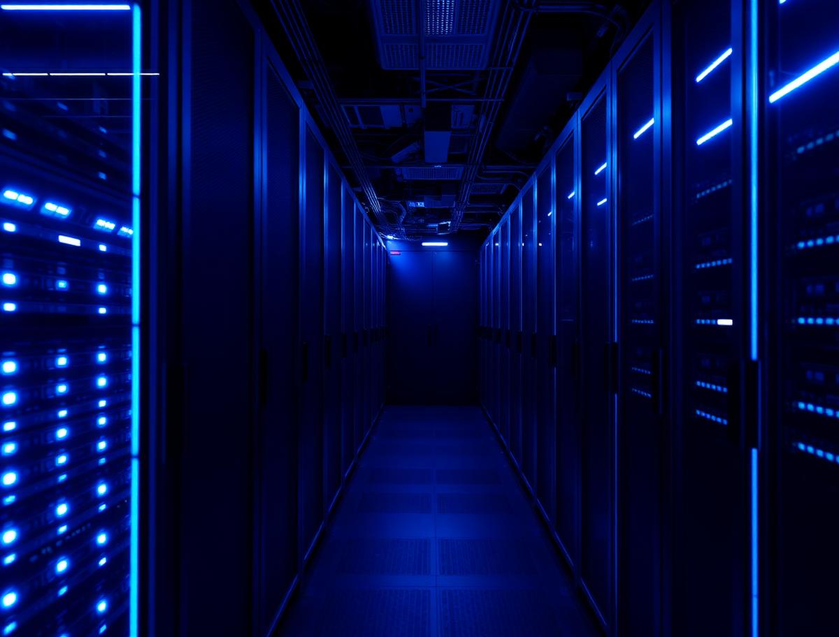 Allée de datacenter avec baies serveurs et éclairage bleu